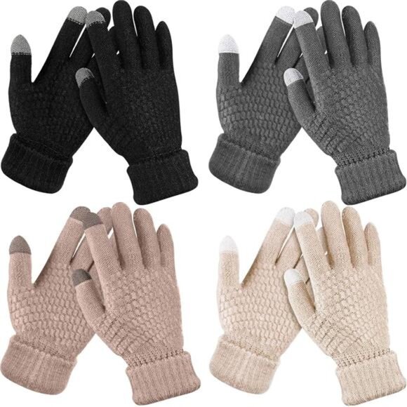 4 Pairs Women's Winter Touch Screen Gloves Warm Fleece Lined Knit Gloves - Picture 1 of 6